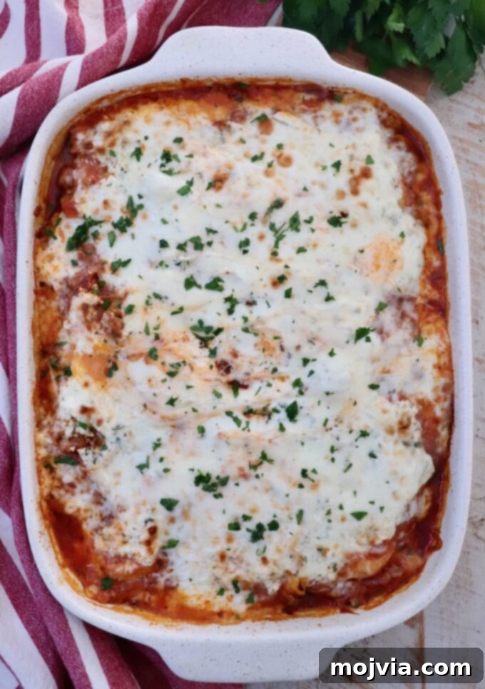 Cheesy Baked Ravioli Delight 10 Cheesy baked ravioli topped with melted cheese and sprinkled with basil in a white baking dish. A red striped towel and fresh herbs are nearby.