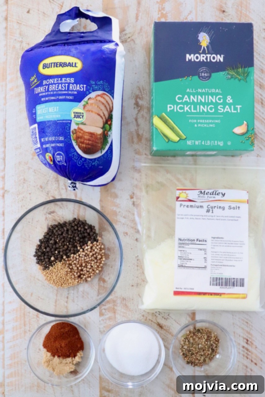 Ingredients for turkey pastrami include a package of turkey breast, canning salt, curing salt, and bowls of spices like peppercorns, mustard seeds, and paprika.