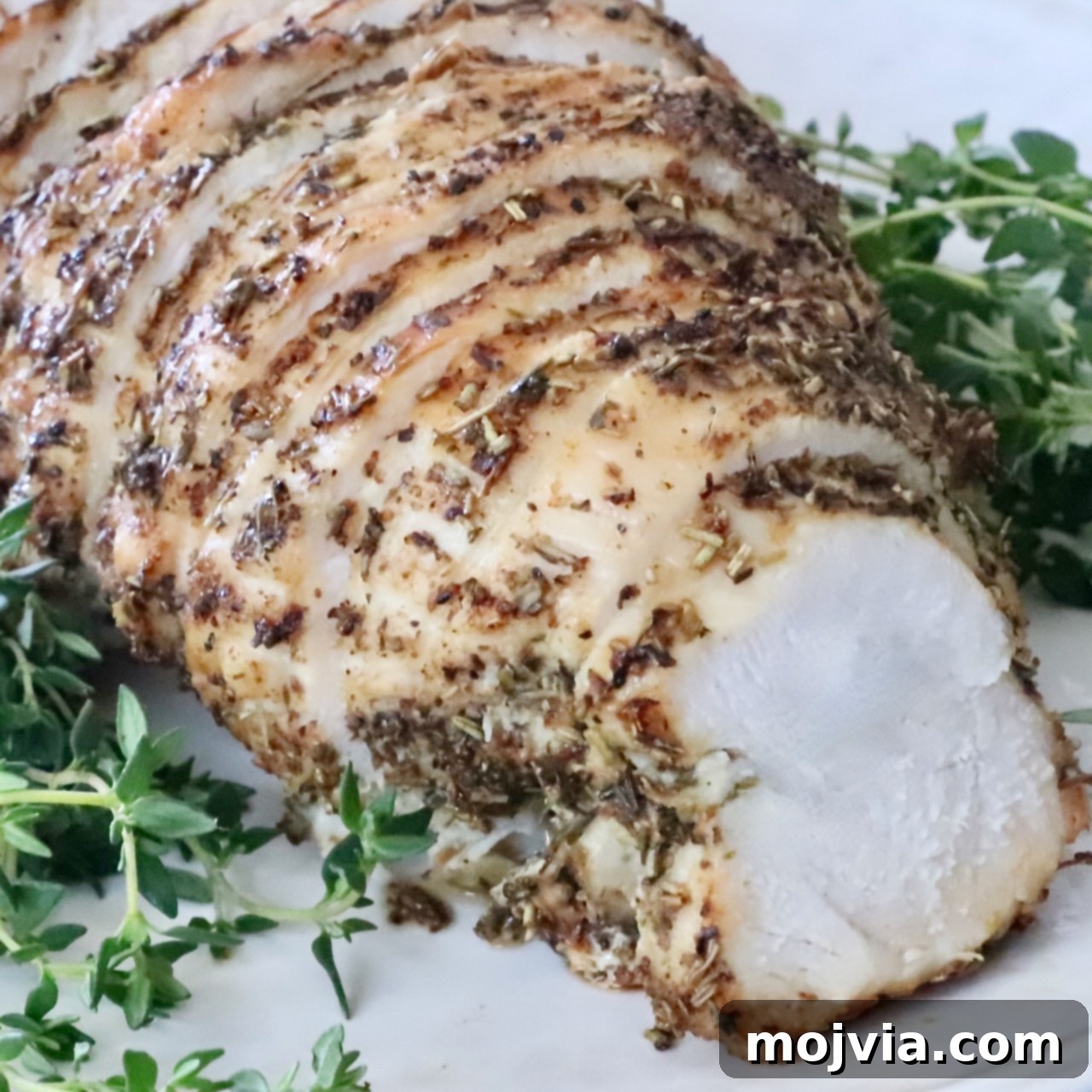 Sliced herb-crusted cooked turkey breast on a white plate, surrounded by fresh green herbs.