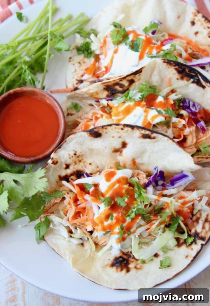 Fiery Buffalo Chicken Tacos 4 A close-up shot of two perfectly assembled buffalo chicken tacos on a white plate, adorned with fresh cilantro and accompanied by lime wedges.