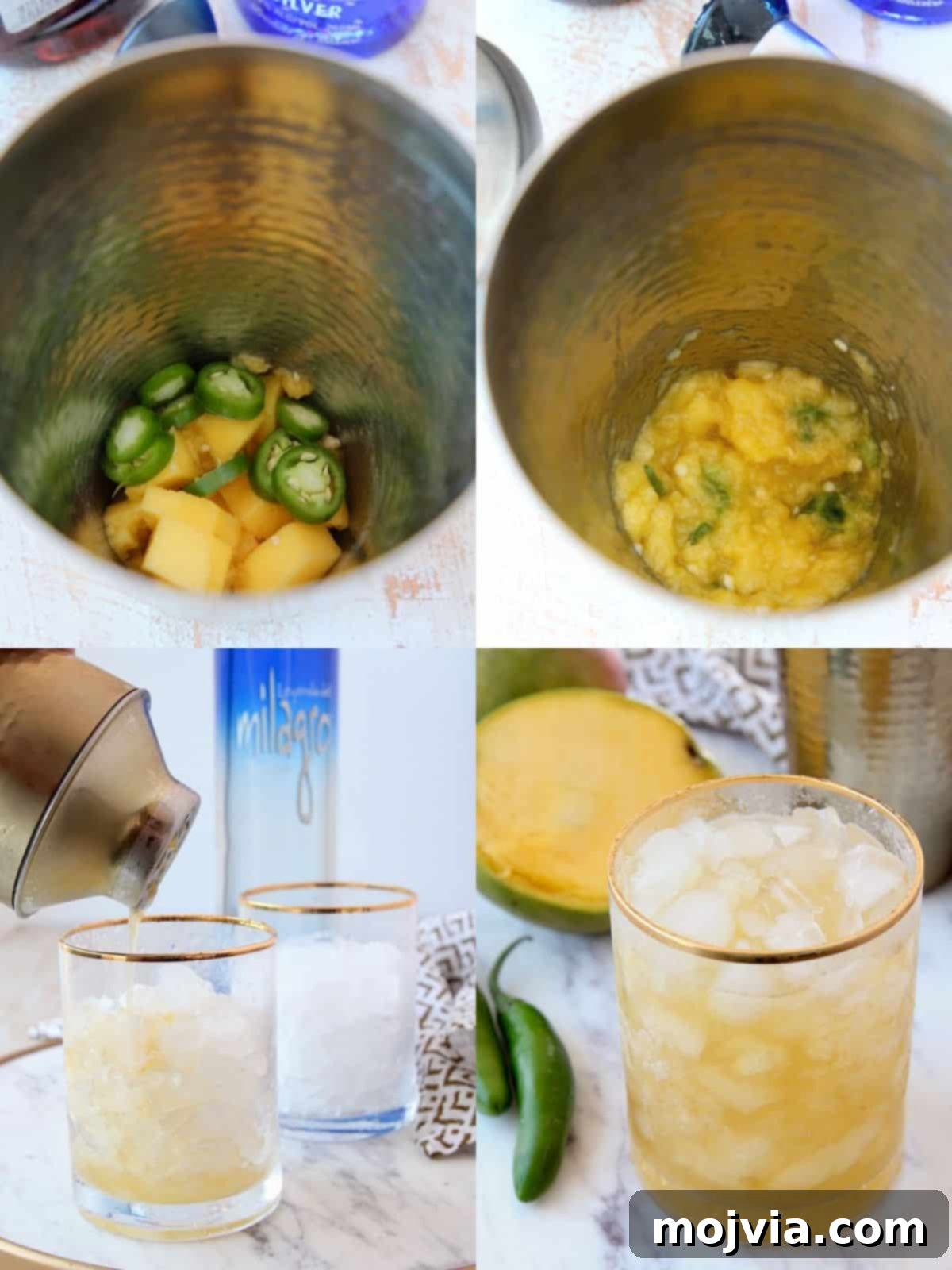 Serrano Mango Margarita Heatwave 4 A step-by-step visual guide showing how to prepare a spicy mango margarita, from muddling the fruit and chili to shaking the ingredients.