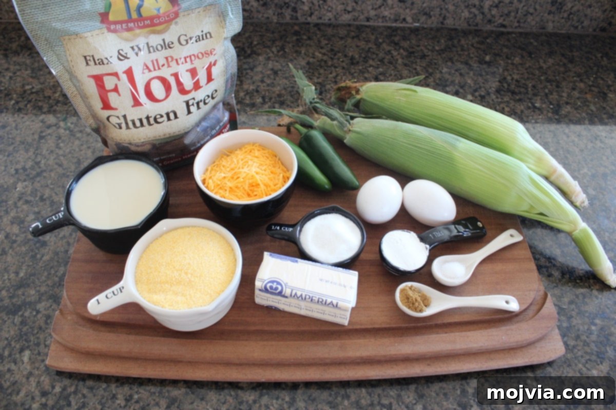 Kickin' Gluten-Free Jalapeno Cheddar Cornbread 3 Ingredients for Gluten Free Jalapeno Cheddar Cornbread laid out