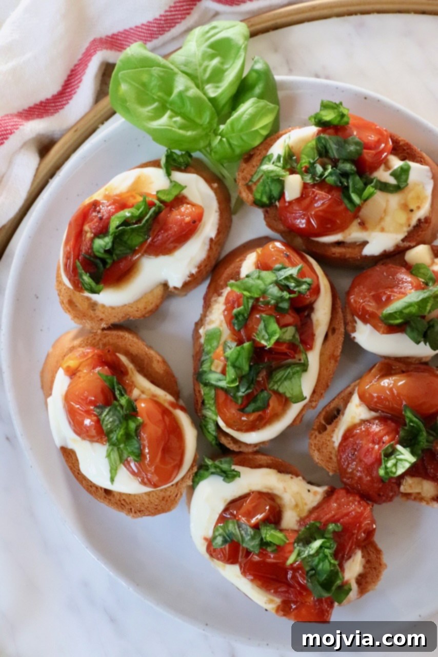 Golden Roasted Tomato Bruschetta with Whipped Ricotta 6 whipped ricotta and roasted tomato bruschetta on a plate with fresh basil leaves