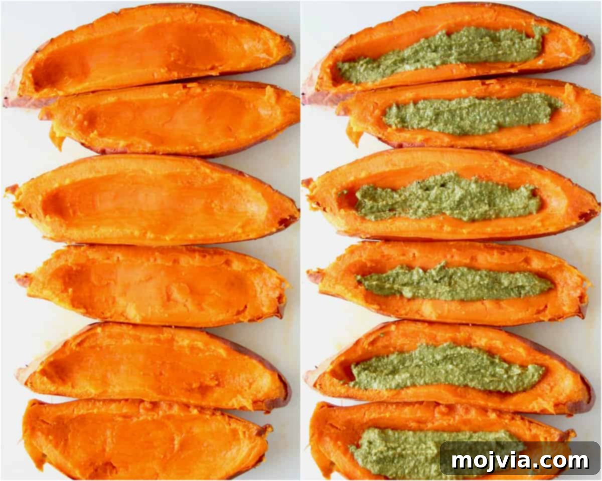 Golden Sweet Potato Skins Topped with Sage Pesto and Crispy Bacon 4 Collage of images showing how to make sweet potato skins with pesto