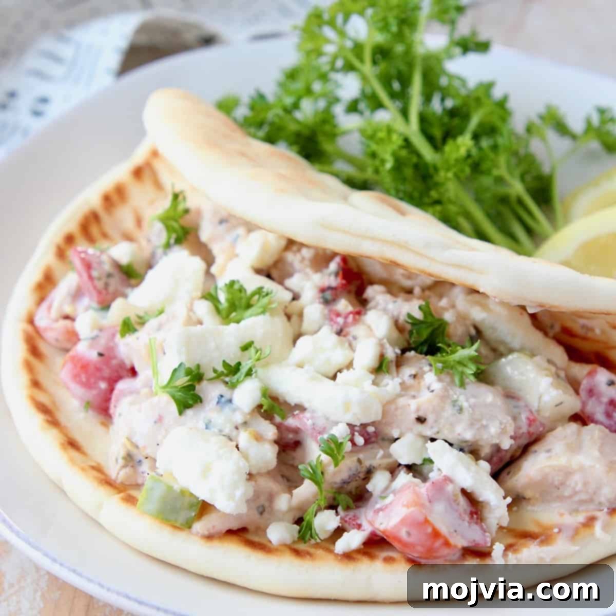 Zesty Greek Chicken Pita Pocket 2 A perfectly prepared Greek Chicken Salad served in warm pita bread, garnished with fresh parsley and lemon wedges on a rustic plate.