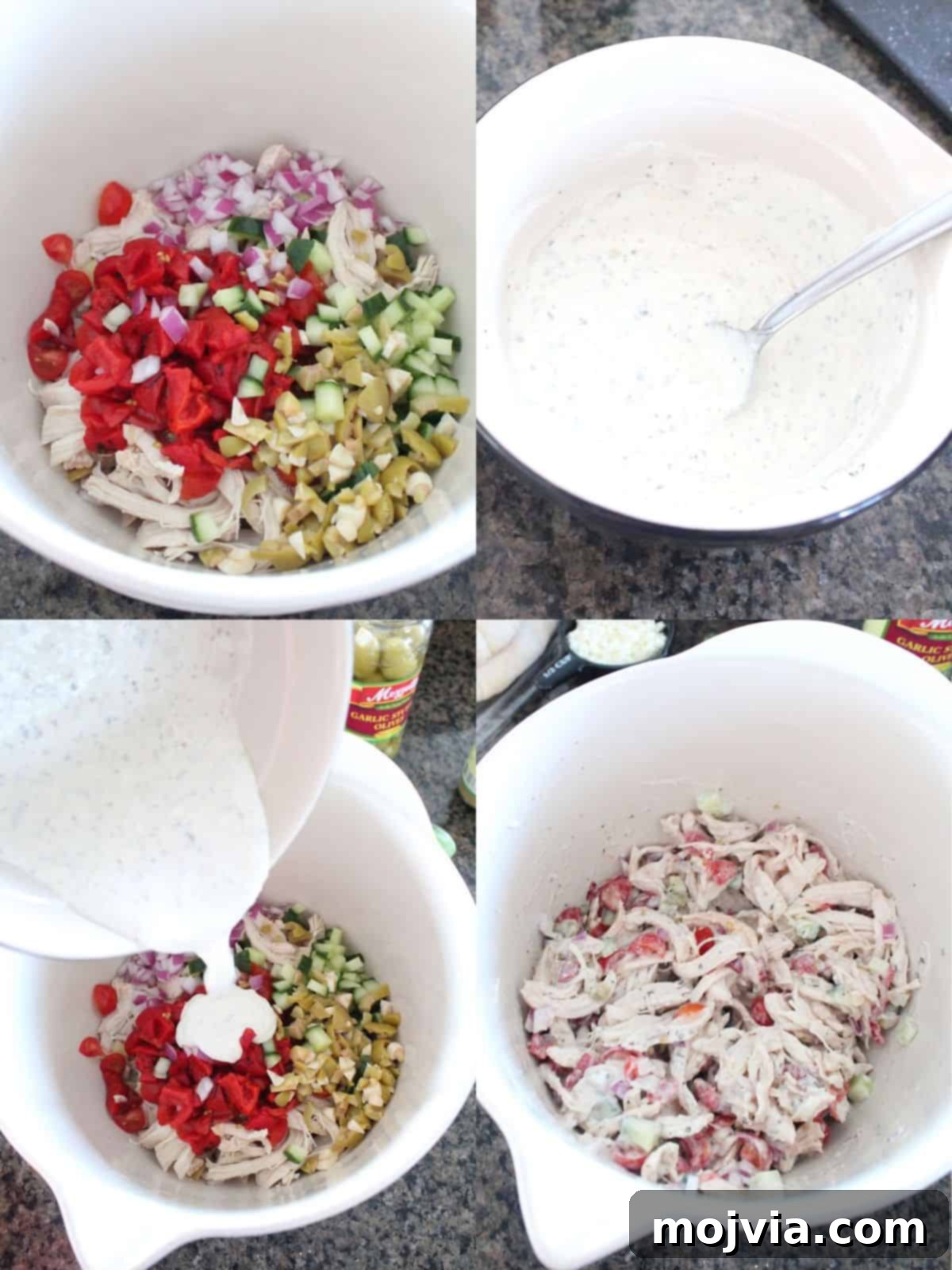 Zesty Greek Chicken Pita Pocket 3 A visual collage illustrating the simple steps to prepare Greek Chicken Salad: combining ingredients, making the dressing, and tossing the salad together.