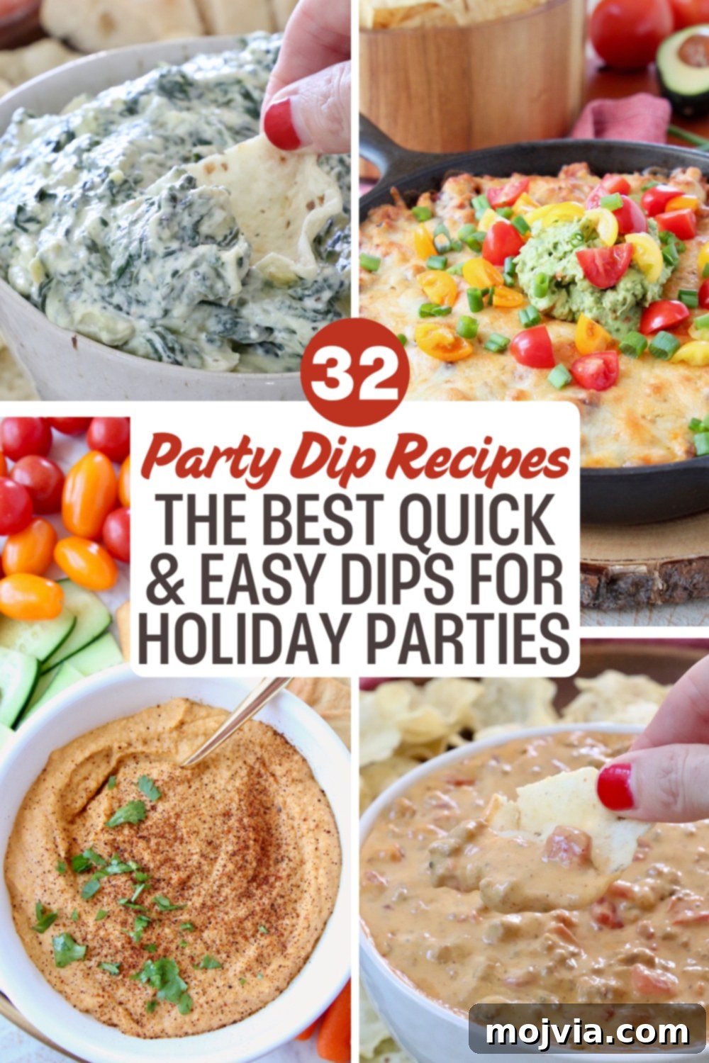 A collage of colorful party dips, including spinach, cheese, and hummus. Text overlay reads: 