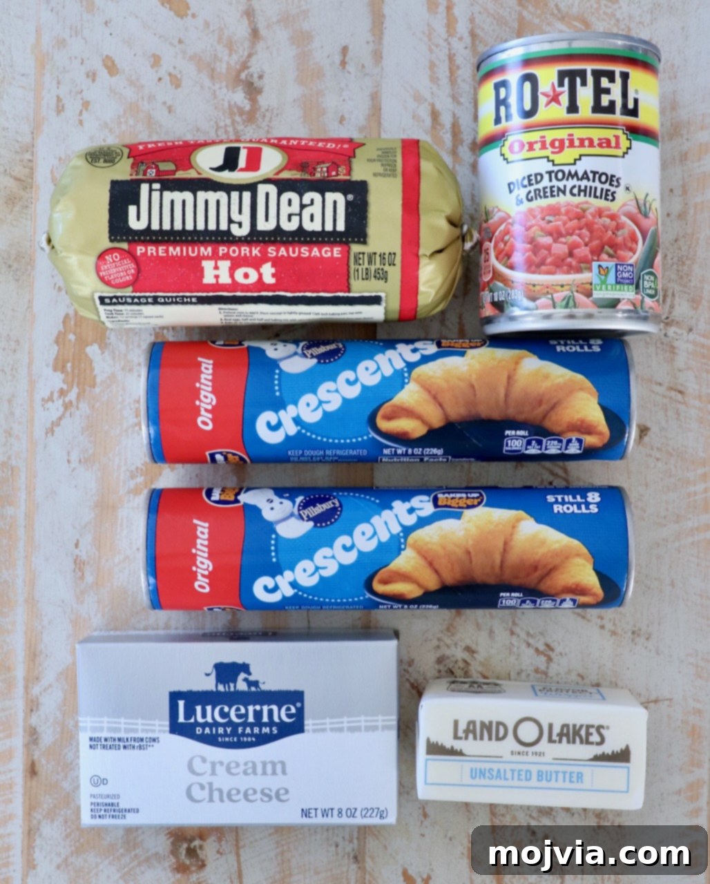 Sausage Cream Cheese Crescents 3 Ingredients for sausage cream cheese crescent rolls: sausage, cream cheese, crescent rolls, Rotel, butter