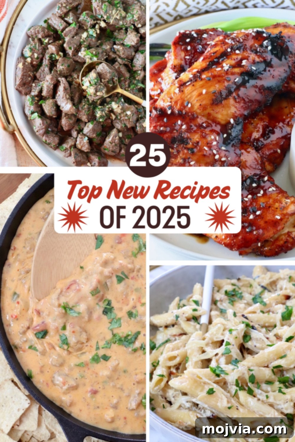 Collage of Top 25 New Recipes of 2025: Steak Bites, Glazed Chicken, Cheese Dip, and Creamy Pasta