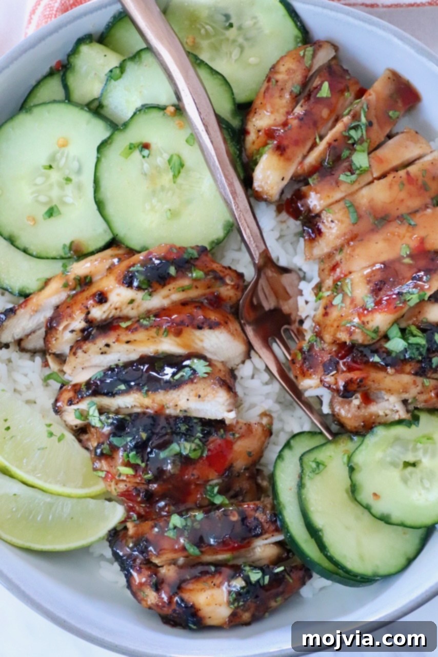 Thai Chicken Delight 2 Delicious grilled Thai chicken served on rice with fresh herbs, cucumber, and lime.