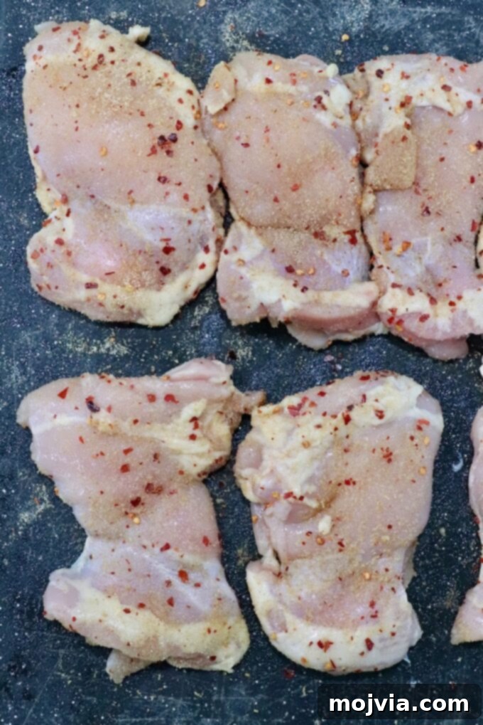 Thai Chicken Delight 4 Raw chicken thighs seasoned with spices.