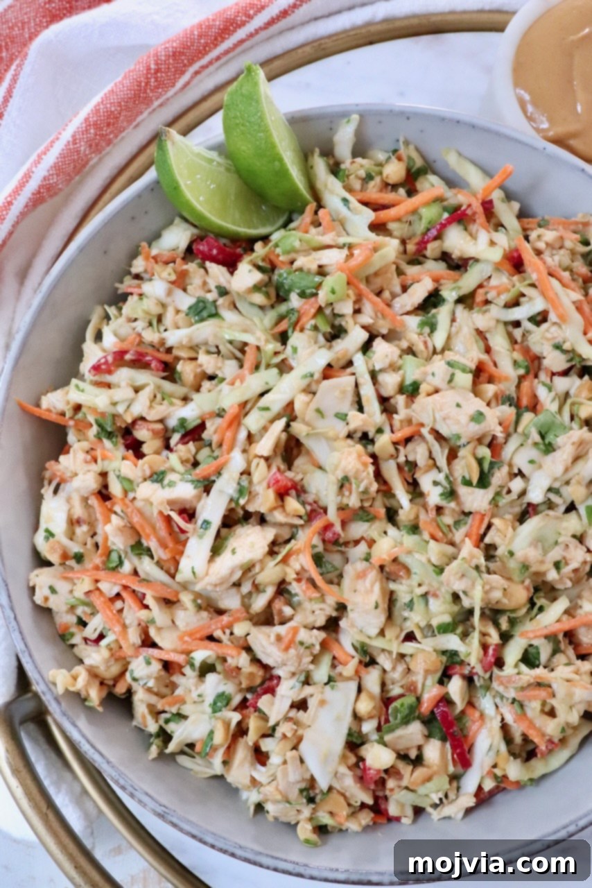 Thai-Inspired Chicken Salad Delight 2 A vibrant Thai chicken salad in a bowl with shredded cabbage, carrots, peanuts, and cilantro. Two lime wedges are on top, and a creamy dressing is on the side.