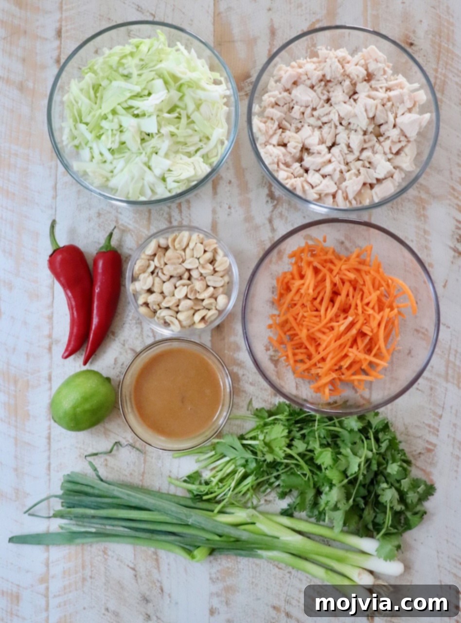 Thai-Inspired Chicken Salad Delight 3 Bowls of shredded cabbage, diced chicken, and grated carrot on a wooden surface, surrounded by red chilies, peanuts, lime, cilantro, green onions, and peanut sauce.