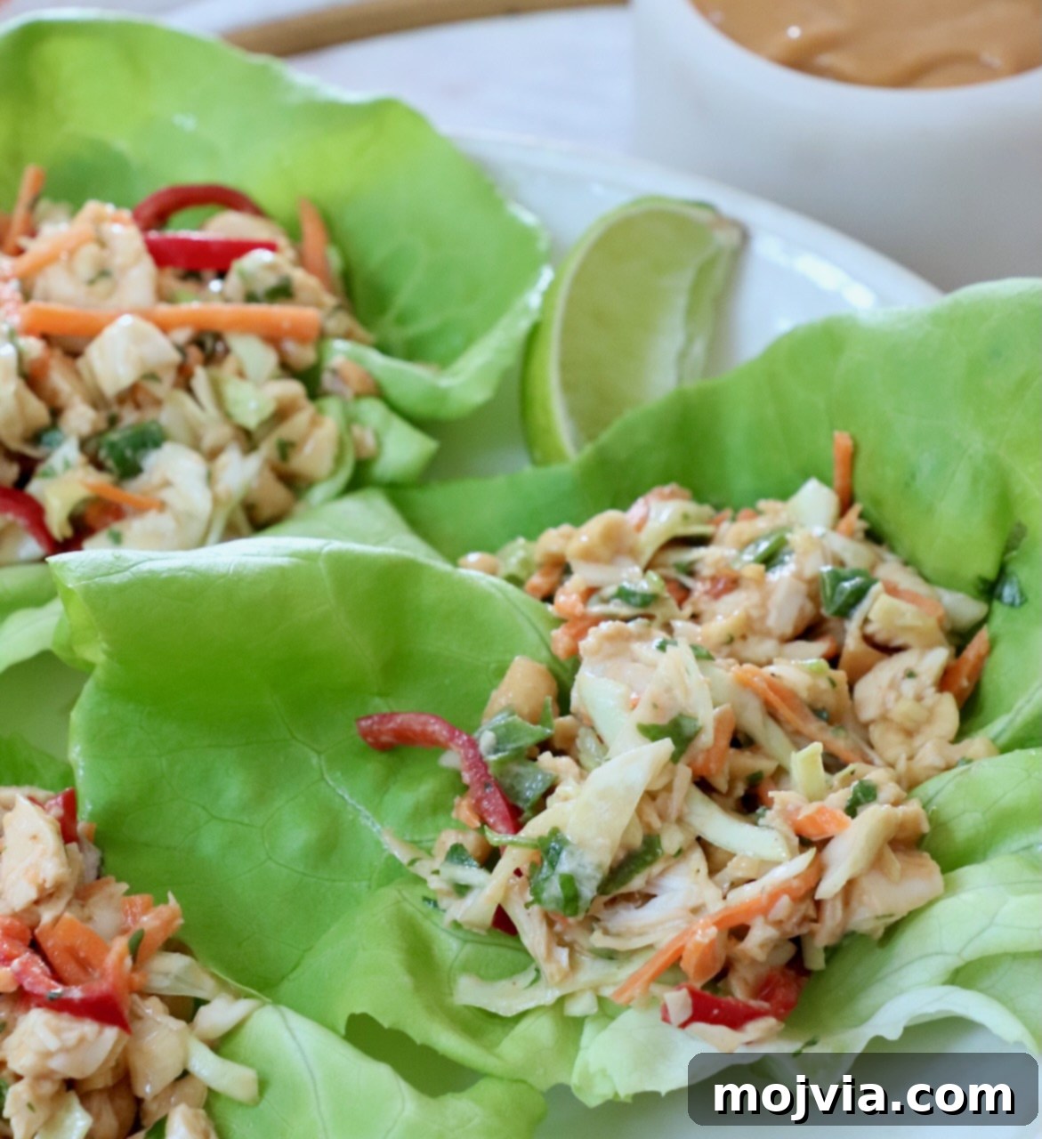 Thai-Inspired Chicken Salad Delight 5 Fresh lettuce wraps filled with chopped chicken, carrots, and red peppers. A lime wedge and creamy dip are visible in the background.