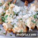 Garlic Parmesan Chicken Kebabs 9 Garlic Parmesan Chicken Skewers Recipe: Cooked chicken skewers drizzled with a creamy sauce, topped with shredded cheese and fresh herbs, on a light-colored plate.