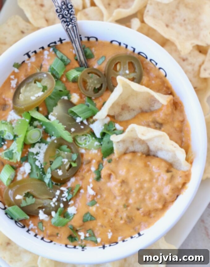 Chorizo Spice Blend 5 Chorizo queso dip in a bowl, served with tortilla chips and sliced jalapenos.