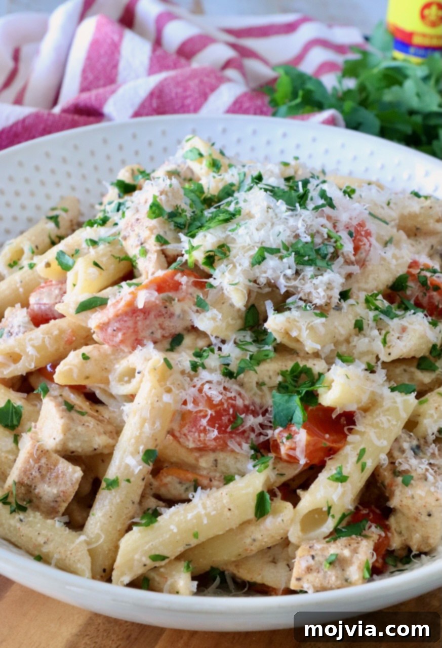 A bowl of creamy penne pasta with chicken and cherry tomatoes, topped with grated cheese and fresh parsley.