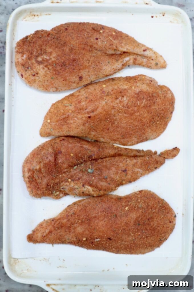 Seasoned raw chicken breasts on a white baking sheet.