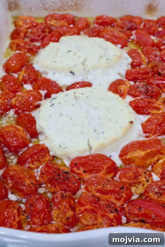Two rounds of melted Boursin cheese in a baking dish surrounded by roasted cherry tomatoes.