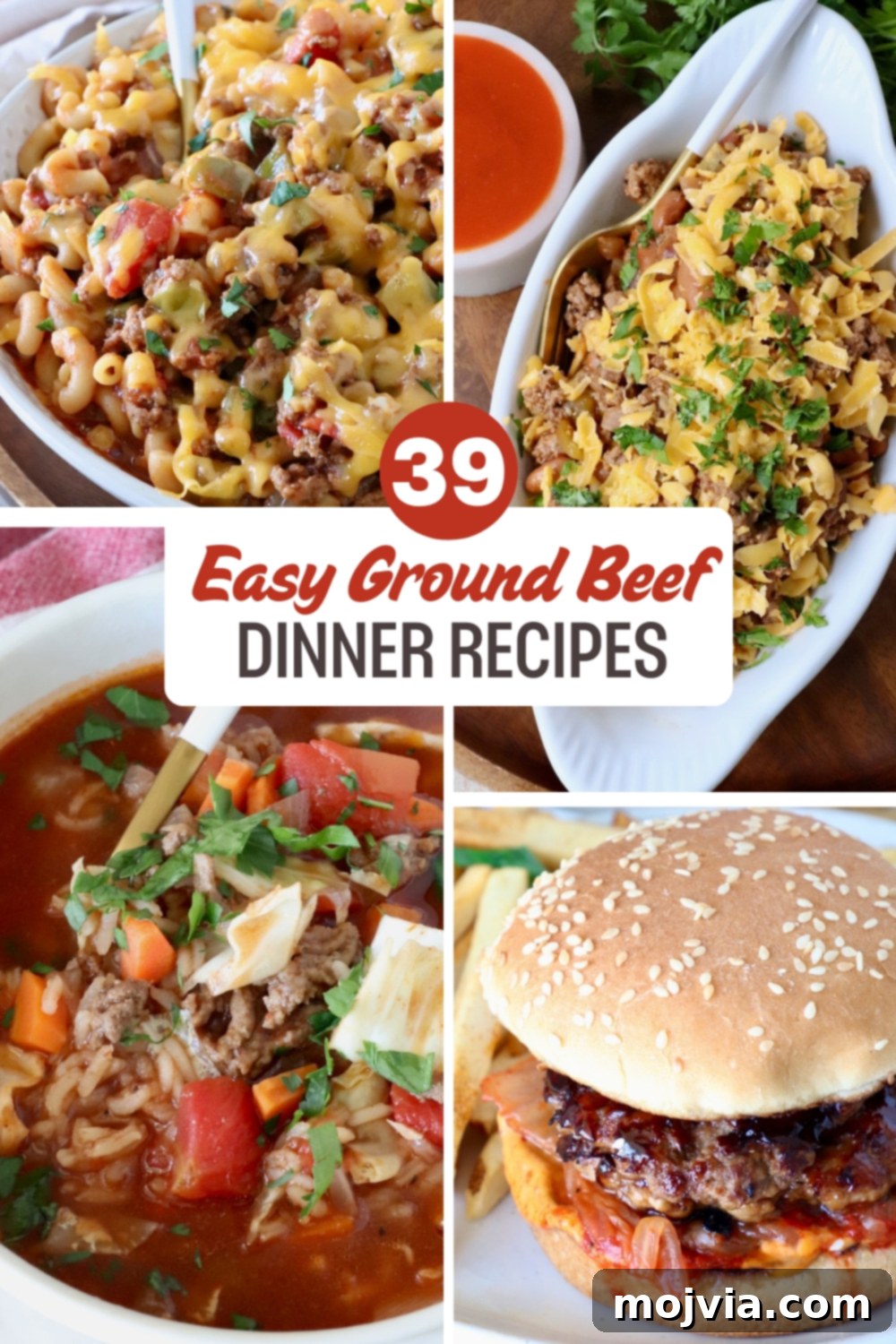 Collage of ground beef dishes, including a cheesy pasta bake, frito chili pie, a soup with vegetables, and a burger. Text reads 39 Easy Ground Beef Dinner Recipes.