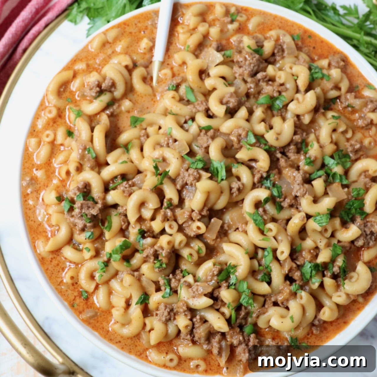 hamburger helper pasta in bowl with spoon