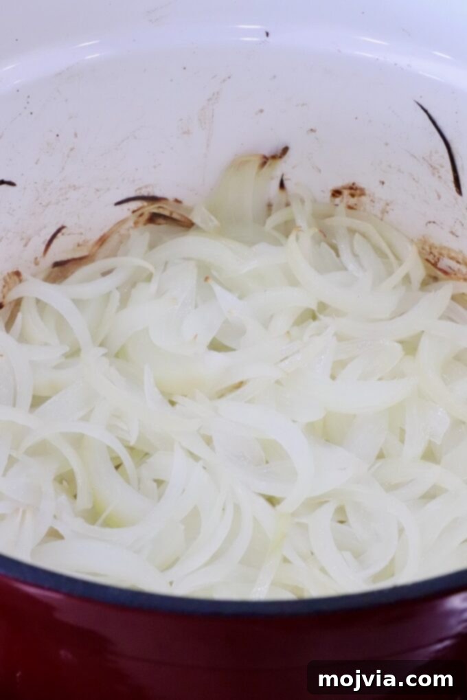 Caramelized Onion Beef Braise 4 caramelized onions in a large pot
