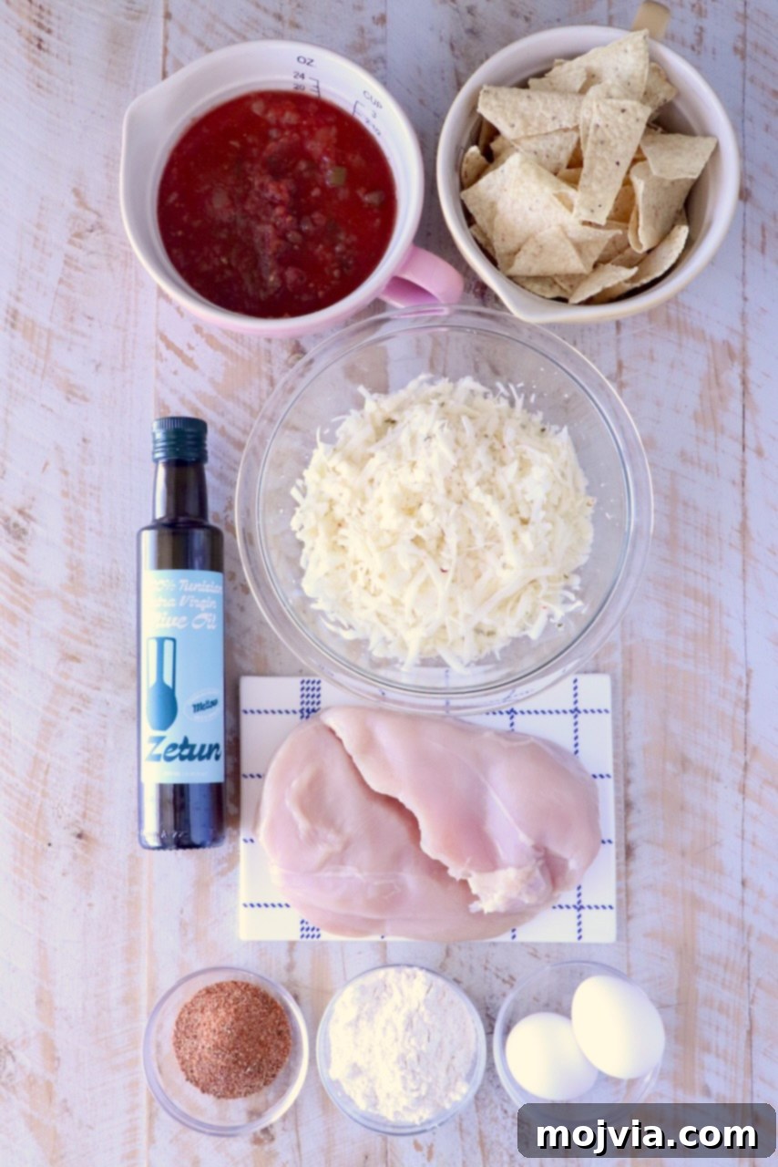 Fiesta Chicken Parmesan 3 Assorted ingredients on a wooden surface: salsa, tortilla chips, cheese, olive oil, raw chicken, spices, flour, and eggs, arranged for cooking.