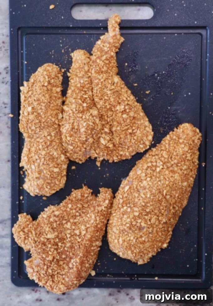 Fiesta Chicken Parmesan 5 Four breaded chicken breasts lie on a black cutting board, coated in crispy, golden breading, ready for cooking.