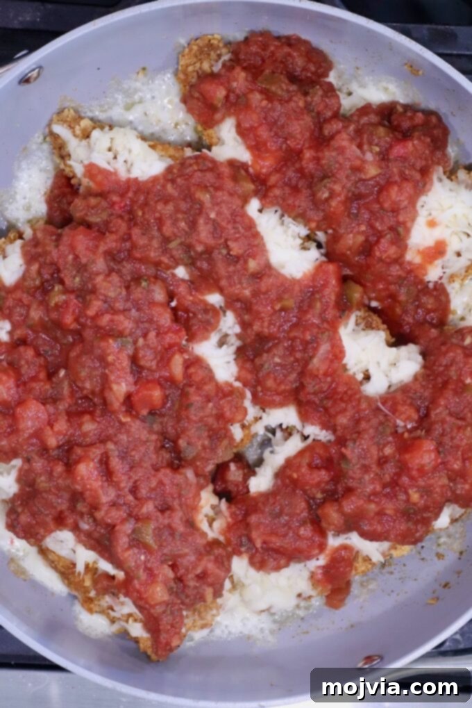 Fiesta Chicken Parmesan 8 Pan-fried breaded chicken breasts topped with melted cheese and chunky salsa in a skillet.