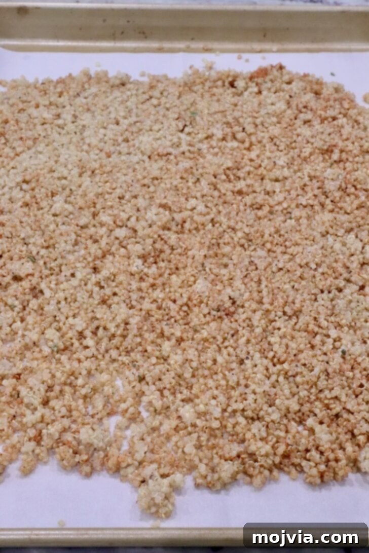 Golden Quinoa Crunch 5 Cooked, seasoned quinoa evenly spread out on a parchment-lined baking sheet, meticulously prepared for roasting.