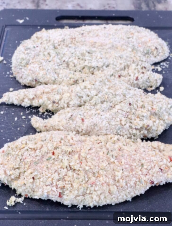 The Ultimate Air Fryer Chicken Parmesan 6 Prepared chicken breasts coated in breading, ready for the air fryer, arranged neatly on a black cutting board.