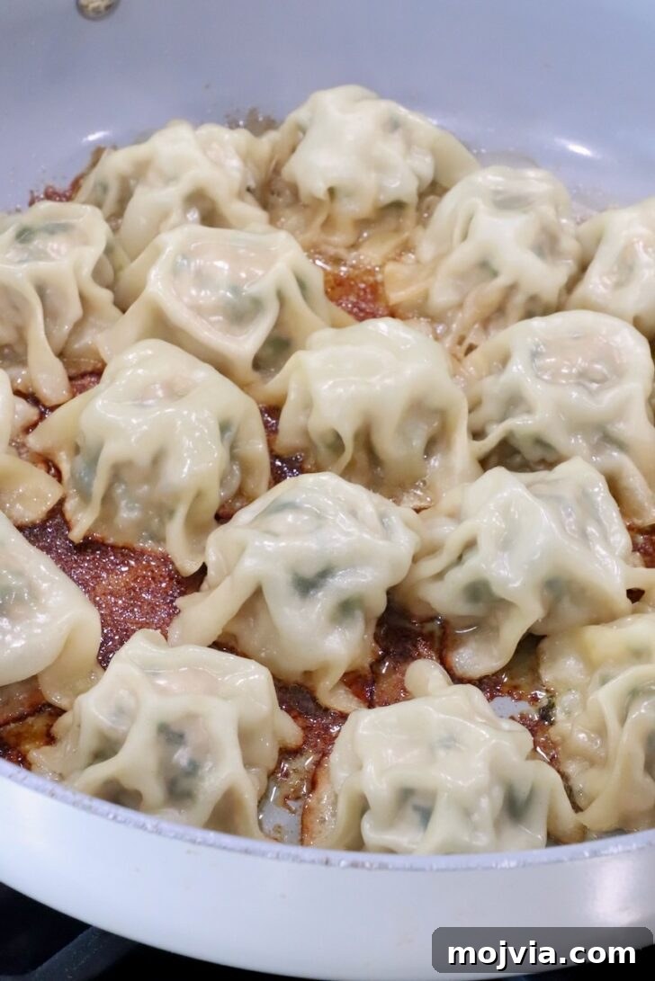 Thai Basil Chicken Dumplings: Flavorful Asian-Style Potstickers 11 cooked blanket dumplings in a large skillet