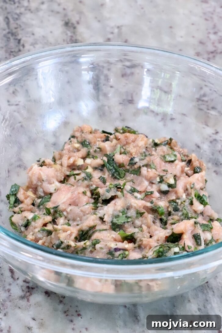 Thai Basil Chicken Dumplings: Flavorful Asian-Style Potstickers 7 Thai basil chicken dumpling filling mixed up in a glass bowl