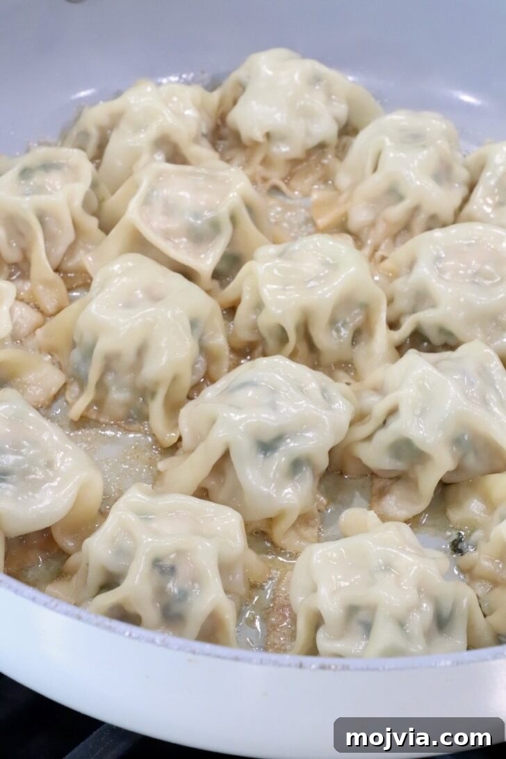 Thai Basil Chicken Dumplings: Flavorful Asian-Style Potstickers 10 blanket dumplings in a large skillet with water