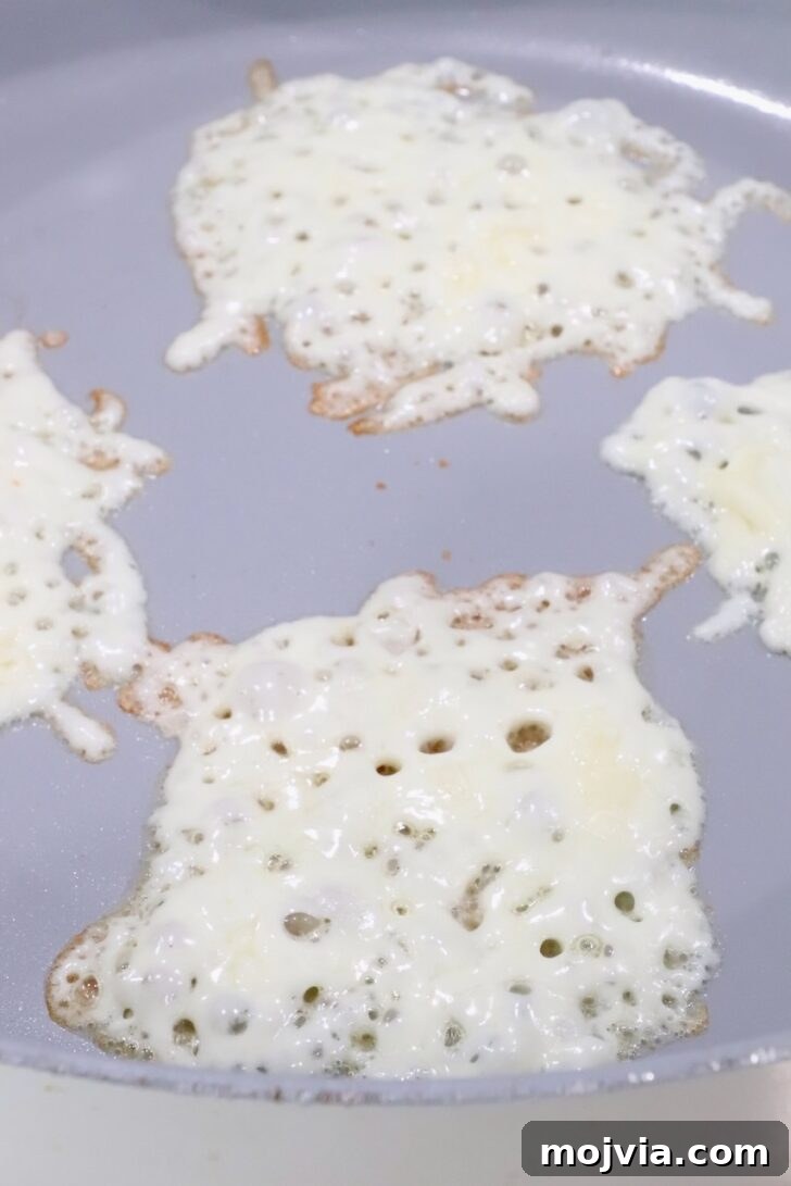 melted rounds of mozzarella cheese in a large skillet