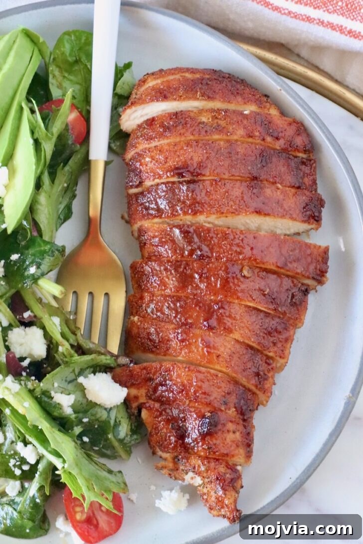 Chipotle Honey Chicken Tacos Made in the Air Fryer 10 sliced cooked chicken breast on a plate with a fork and a side salad