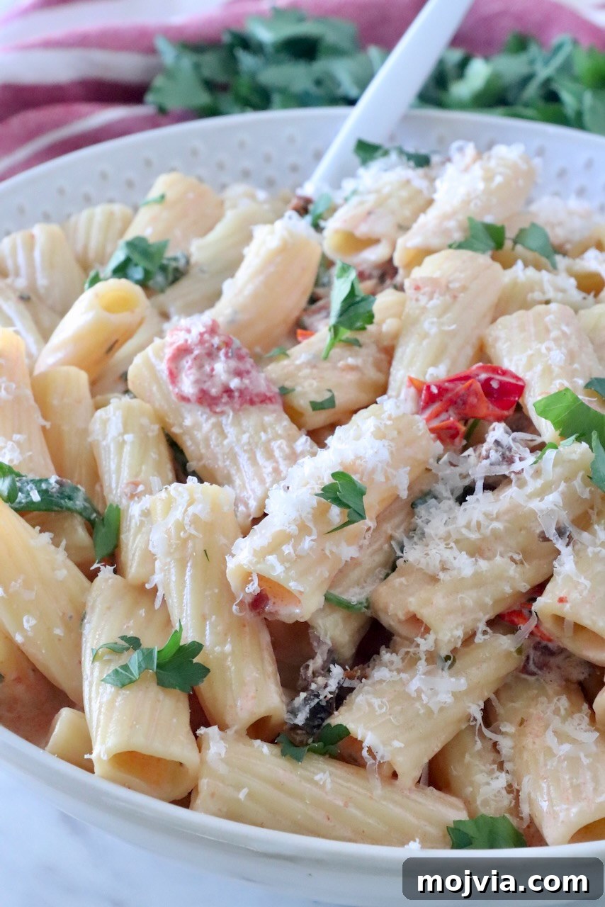 Creamy Tuscan Chicken Pasta Recipe with Sun-Dried Tomatoes 12 A bowl of creamy pasta topped with fresh parsley and grated cheese, mixed with sun-dried tomatoes; a fork rests in the bowl.