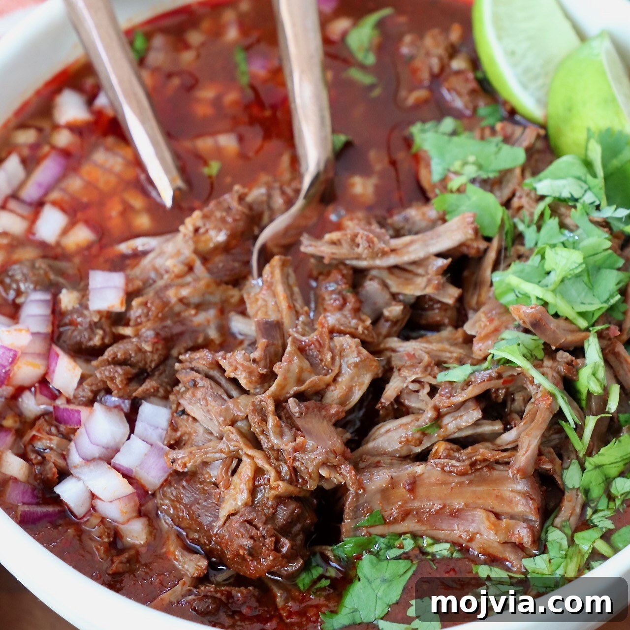 shredded beef birria in bowl with broth