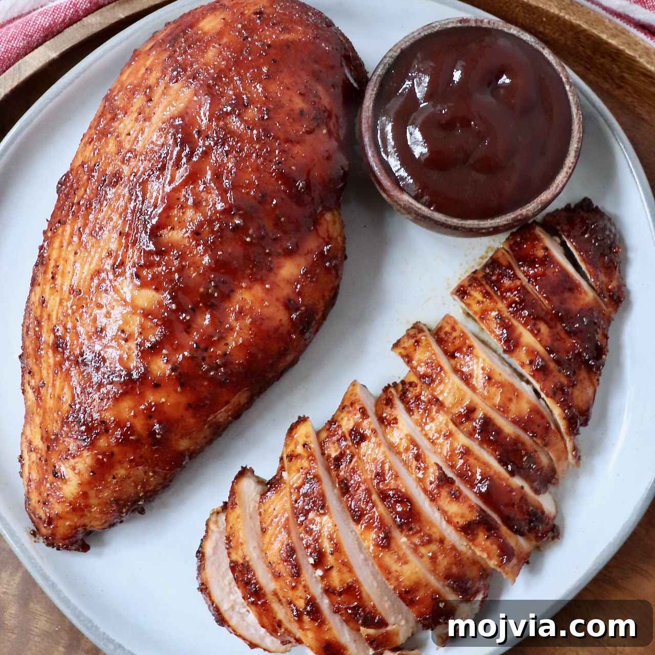 whole smoked chicken breast on a plate next to a sliced smoked chicken breast and a small bowl of bbq sauce