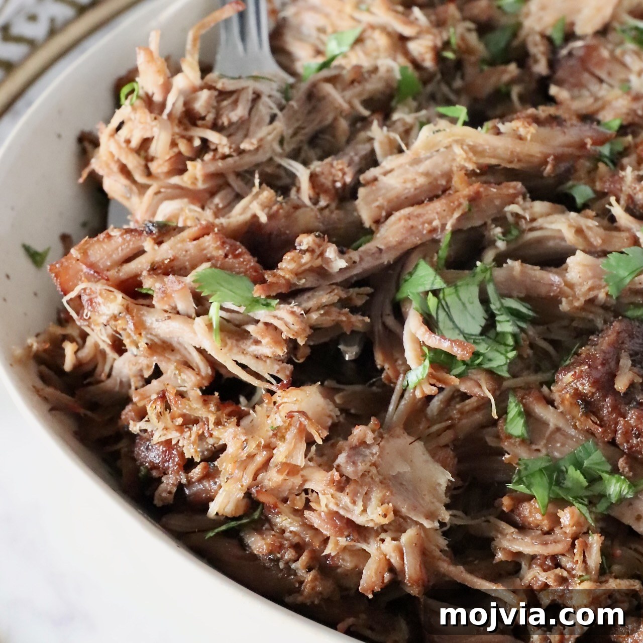 shredded pork carnitas in a bowl