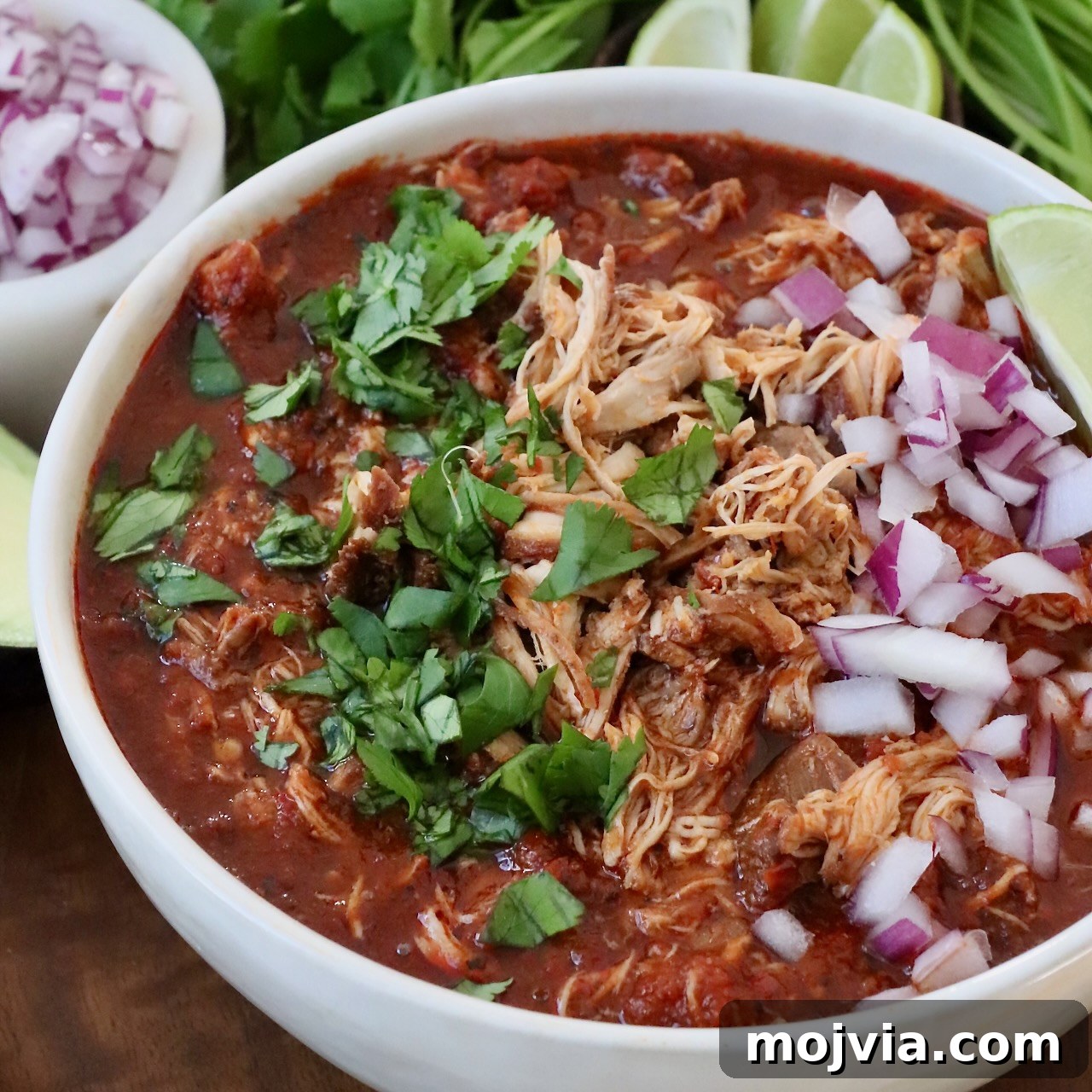 shredded chicken with birria broth in bowl topped with diced onions and cilantro