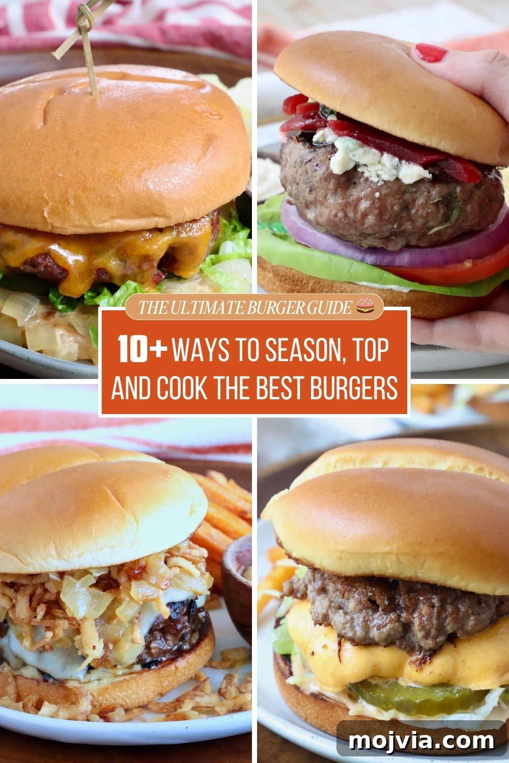 Complete Burger Guide: Techniques, Recipes & Toppings for Perfect Patties 2 collage of four images of cheeseburgers on plates