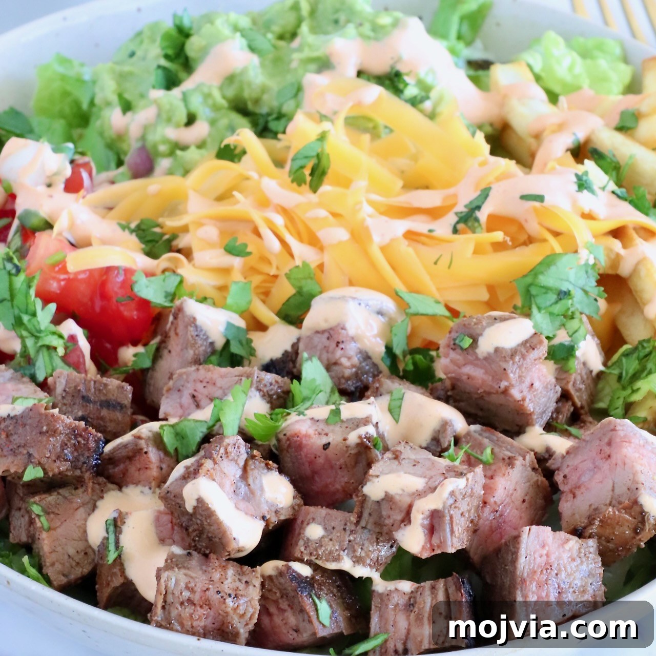 California Burrito Bowl with Carne Asada and Avocado 9 diced carne asada in a bowl with cheese, tomatoes, and guacamole
