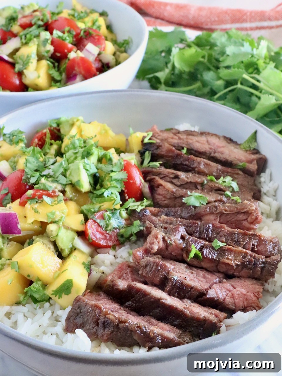 Authentic Jamaican Jerk Steak Recipe 9 sliced jerk steak in a bowl with rice and mango avocado salsa
